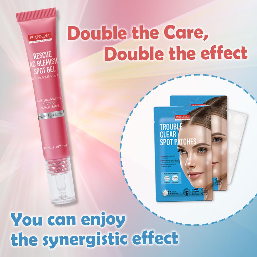 Purederm Blemish Spot Treatment Gel with Salicylic Acid 2%, Soothing Acne Care for Irritated Skin, Day & Night Use, 20ml