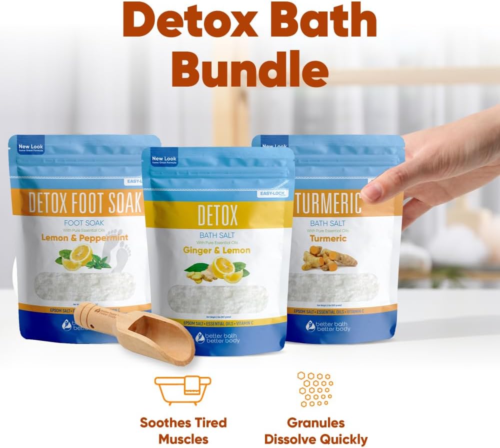Detox Bath Bundle (3 Pack with Scoop Total 6 Lbs) Detoxifying Soaks with Detox Foot Soak and Turmeric Bath Soak Made with Epsom Salt and Pure Essential Oils Plus Vitamin C Three 2 Lbs Pouches