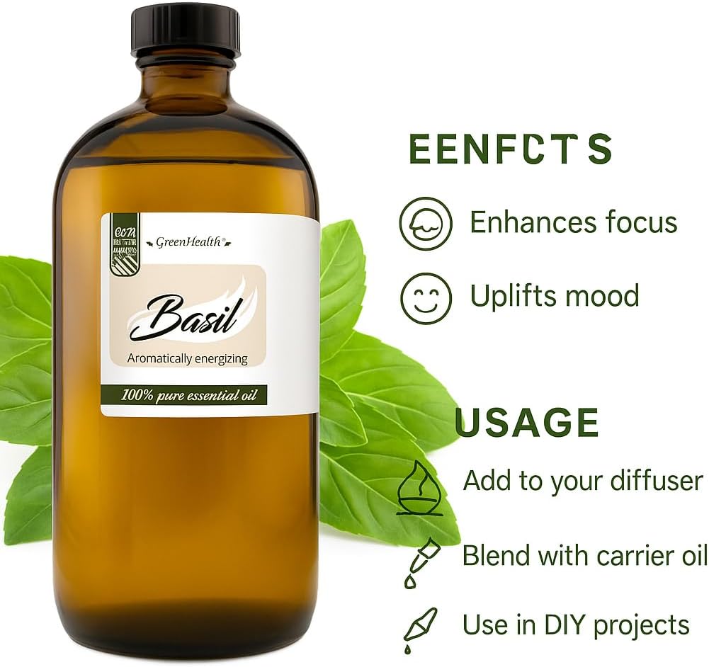 Basil Essential Oil β 16 fl oz (473 ml) Amber Glass Bottle β 100% Pure, Undiluted, Therapeutic Grade β Fresh, Herbaceous Aroma β GreenHealth