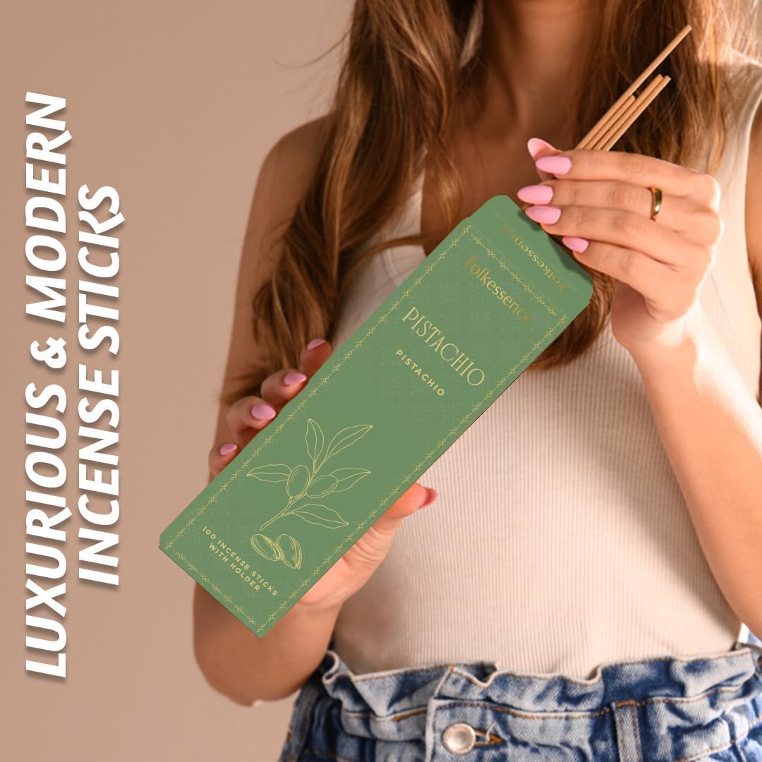 Folkulture Incense Sticks | Set of 100 Insence-Sticks with Holder for Relaxation | Pistachio Fragrance Incense | Organic, Slow Burning & Non Toxic Inscents for Meditation | Dessert Inspired