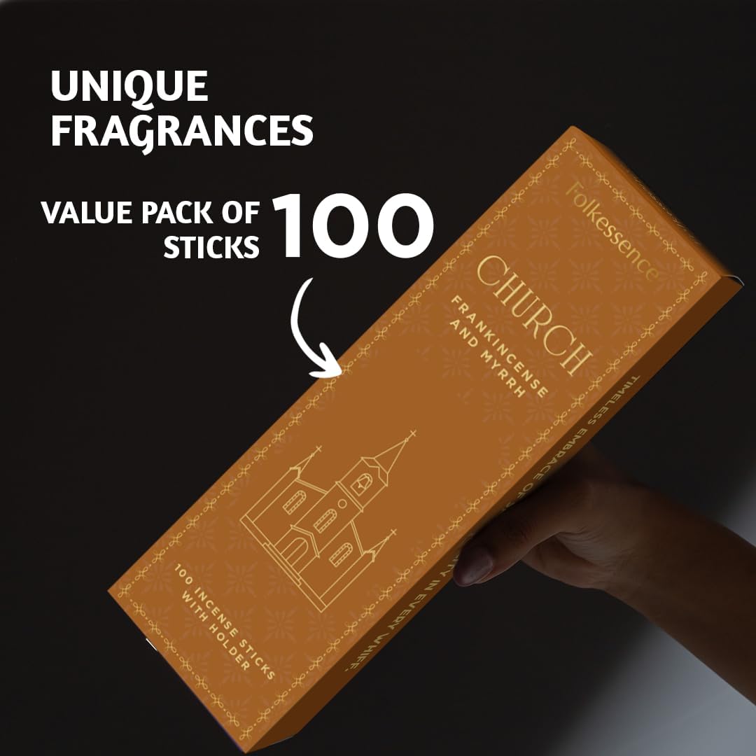 Folkulture Church Incense Sticks | Set of 100 Insence-Sticks with Holder for Relaxation | Frankincense & Myrrh Incense | Organic, Slow Burning & Non Toxic Inscents for Worship