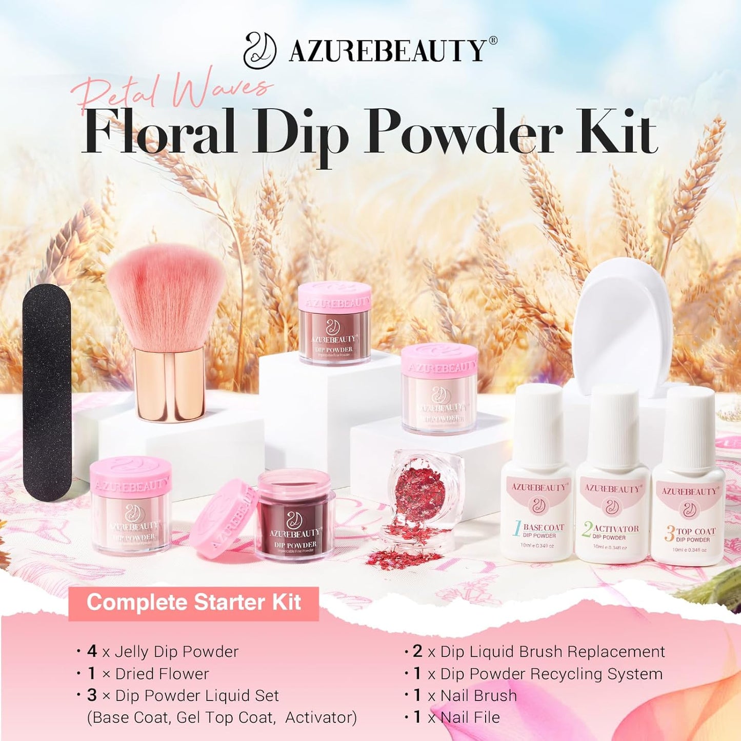 AZUREBEAUTY Dip Powder Nail Kit, 4 Colors Jelly Transparent with Dried Flower Set, Nude Brown Natural Dipping Powder Starter Liquid Set Recycling Tray with Base & Top Coat Activator