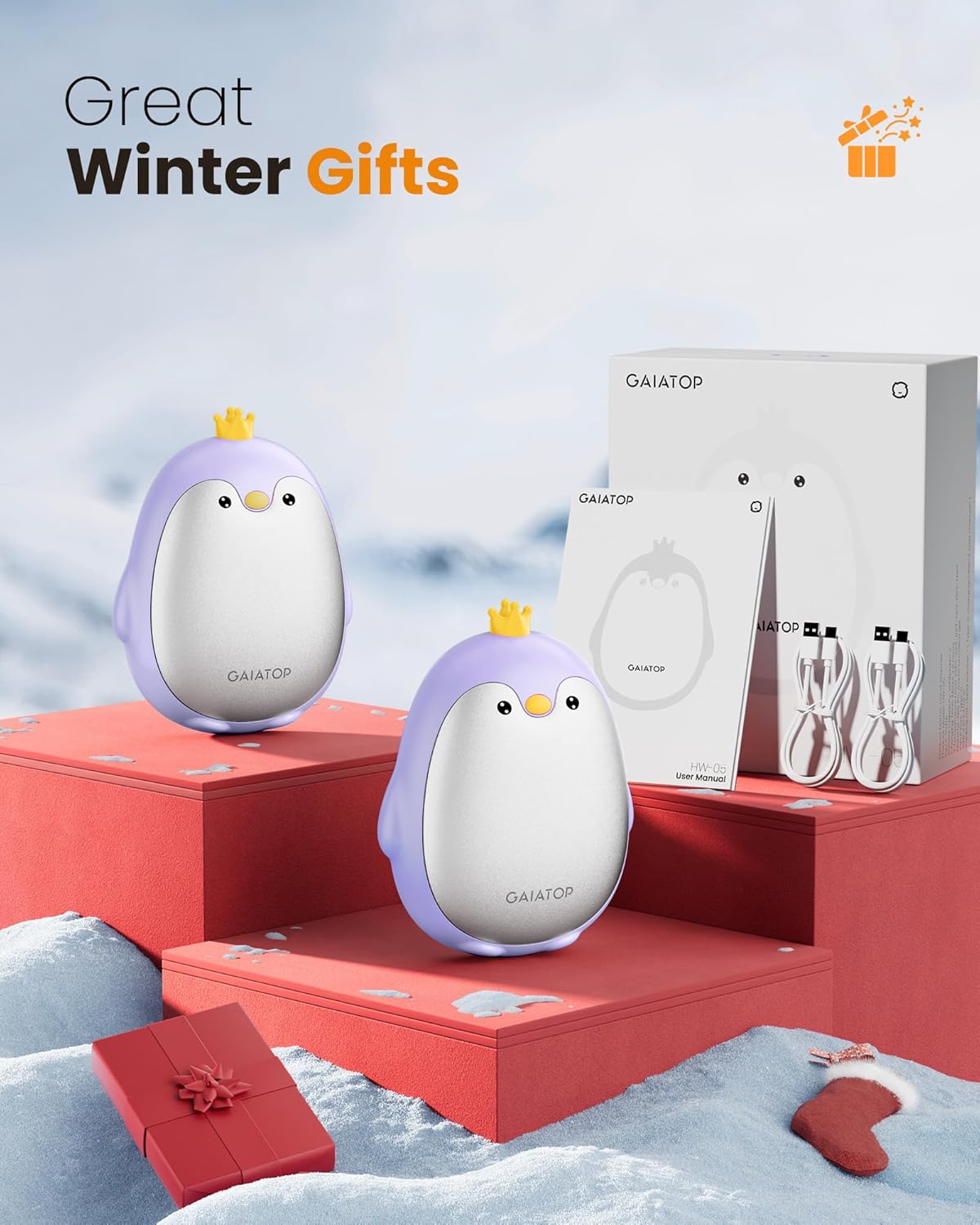 Gaiatop Magnetic Hand Warmers Rechargeable 2 Pack, 3 Settings Pocket-Sized Cute Penguin, Fast Hot Hands Reusable Portable Electric Heater for Camping Hunting Golf, Gifts for Women Men