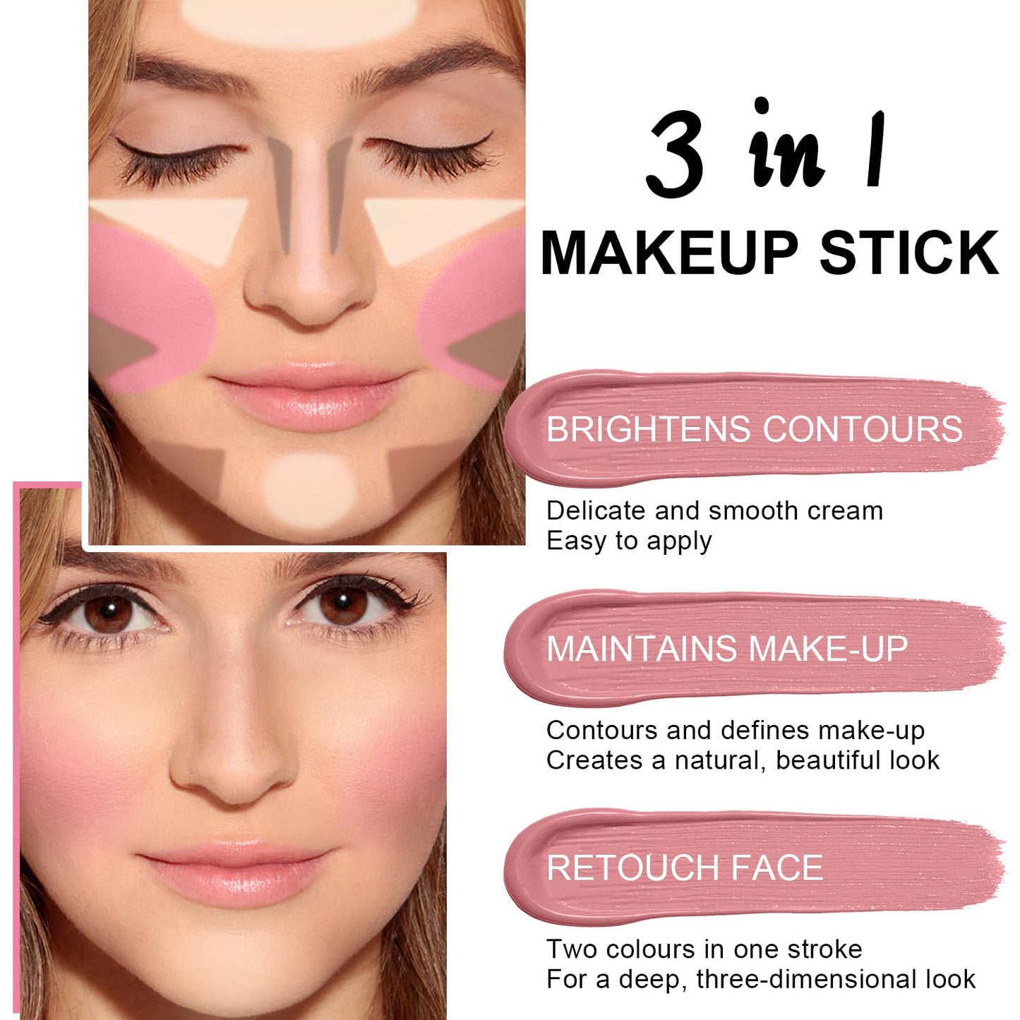 6 Colors Cream Contour Stick Makeup Contour Kit, Double-ended Cream Bronzer for Sculpt, Highlighter and Blush Stick Makeup Kit, Matte & Dewy Finish (SET A)