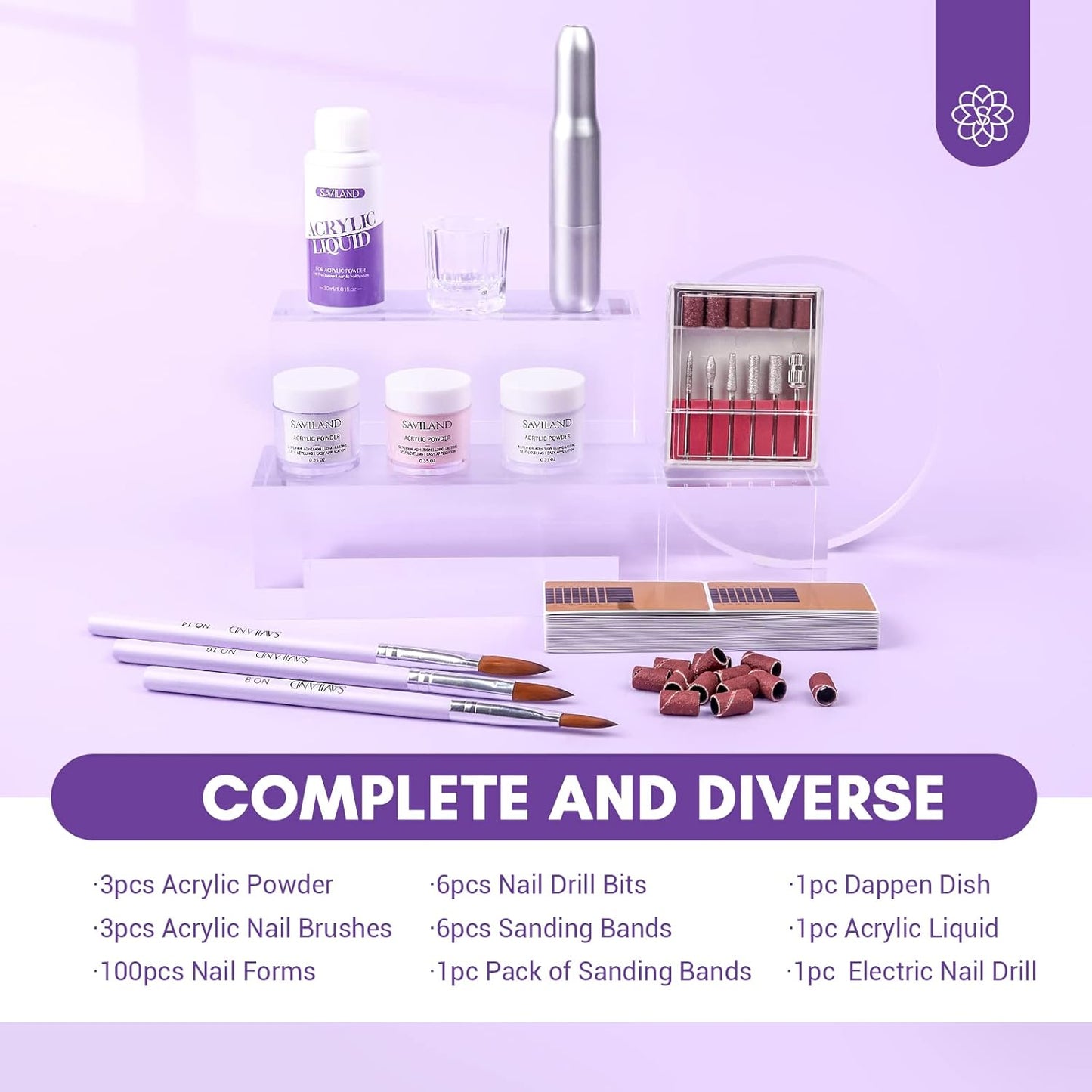 SAVILAND Acrylic Nail Kit with Drill: Professional Nails Kit Acrylic Set for Beginners with Everything White Pink Clear Acrylic Powder and Liquid Set Brushes 100 Forms Manicure Tools Home Salon DIY