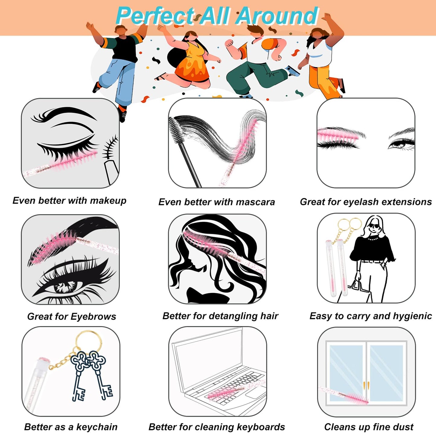 Upgrade 48 Pieces Disposable Mascara Wands Set, Include 24 Pcs Crystal Lash Spoolies Brush and 24 Pcs Reusable Keychain Empty Eyelash Brush Tubes (Gold)