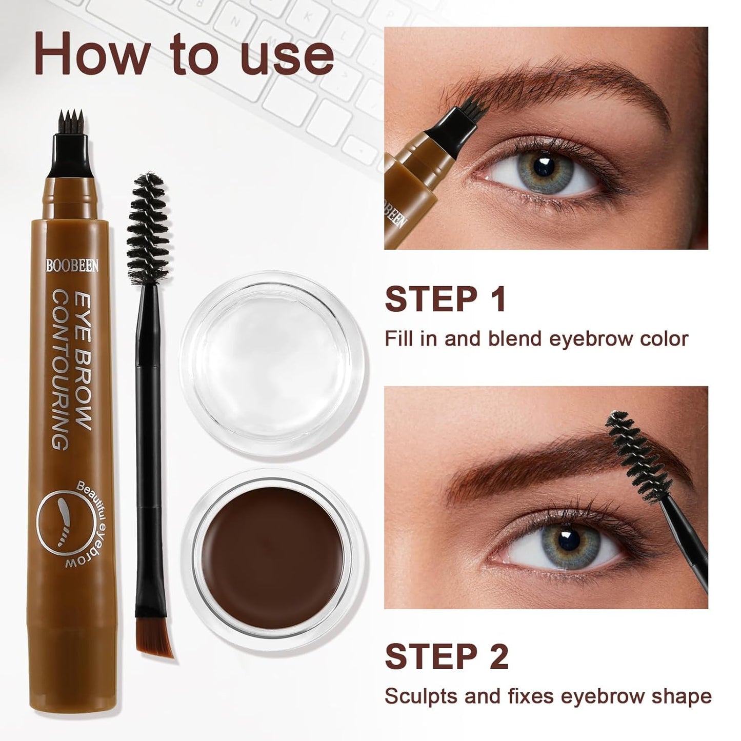Boobeen Waterproof Eyebrow Pencil with Pomade, Brow Gel with Dual-ended Brush, Long-Lasting Natural Hair-Like Brows for All Skin Tones, Brown