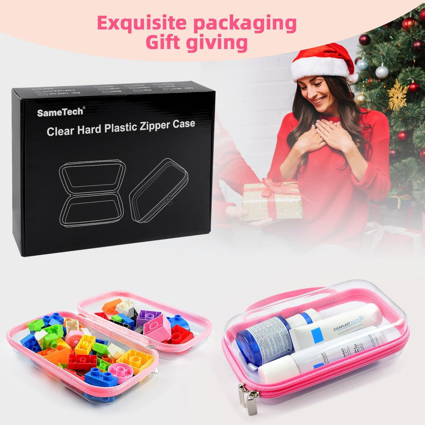 SameTech Hard Shell Zipper Case, 2pcs Clear Zippered Hard Small Box, Clear Plastic Pouches Travel Bags for Kids, Storage for Building Blocks, Puzzles, Cosmetics, Crafting Supplies