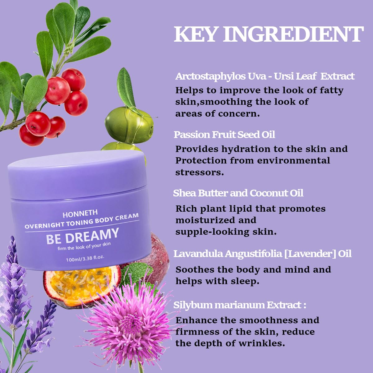 Honneth BE-DREAMY Overnight Toning Whip Body Firming Cream for Legs, Stomach, Arms, with Milk Thistle & Passion Fruit Seed Oil, Targets Loose Skin, 3.38 oz