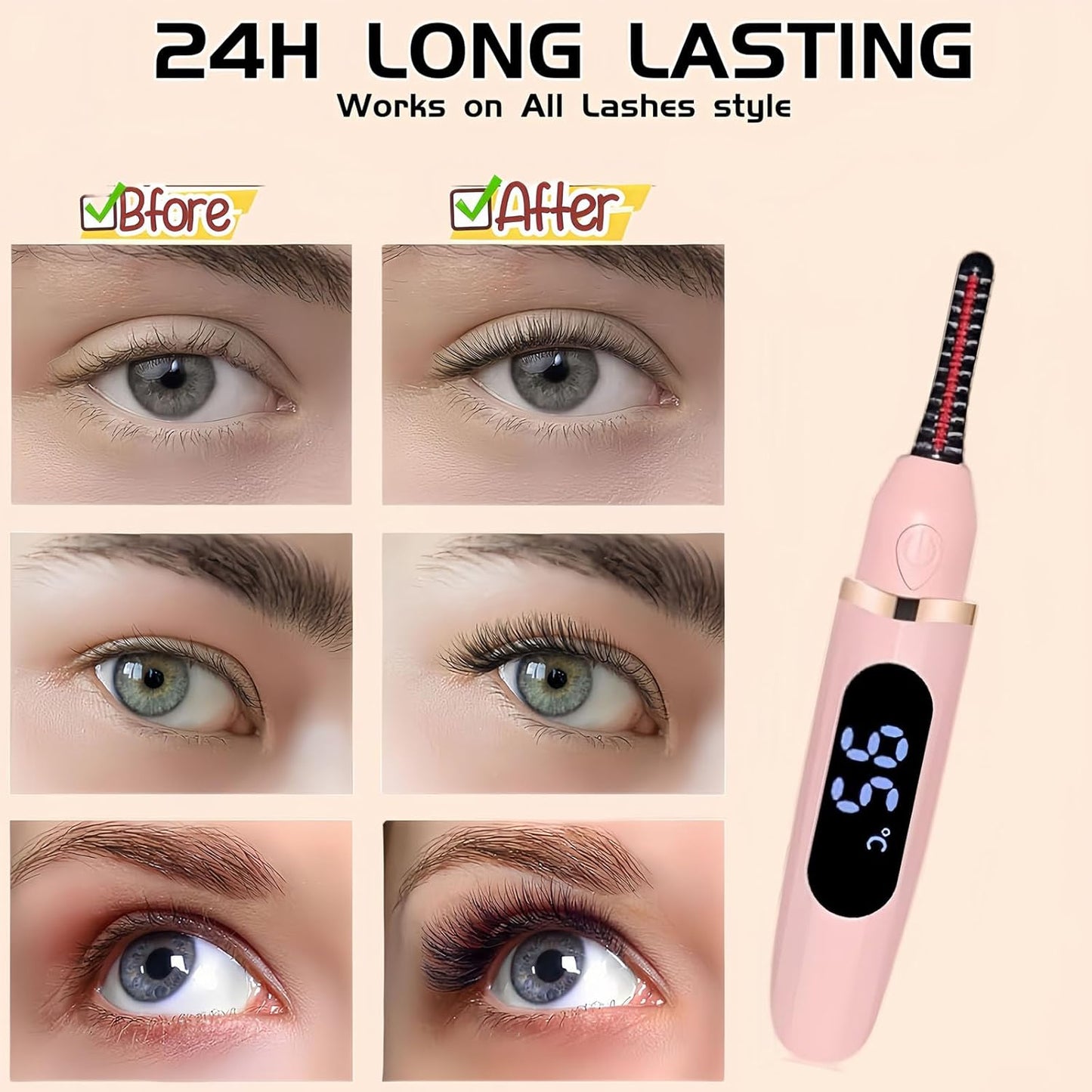 Heated Eyelash Curler with Led Display Electric Eye lash Curler 3 Temp Settings for Makeup Tools for Achieving A Natural Curl and Long Lasting Eyelashes, Designed for Women, Pink