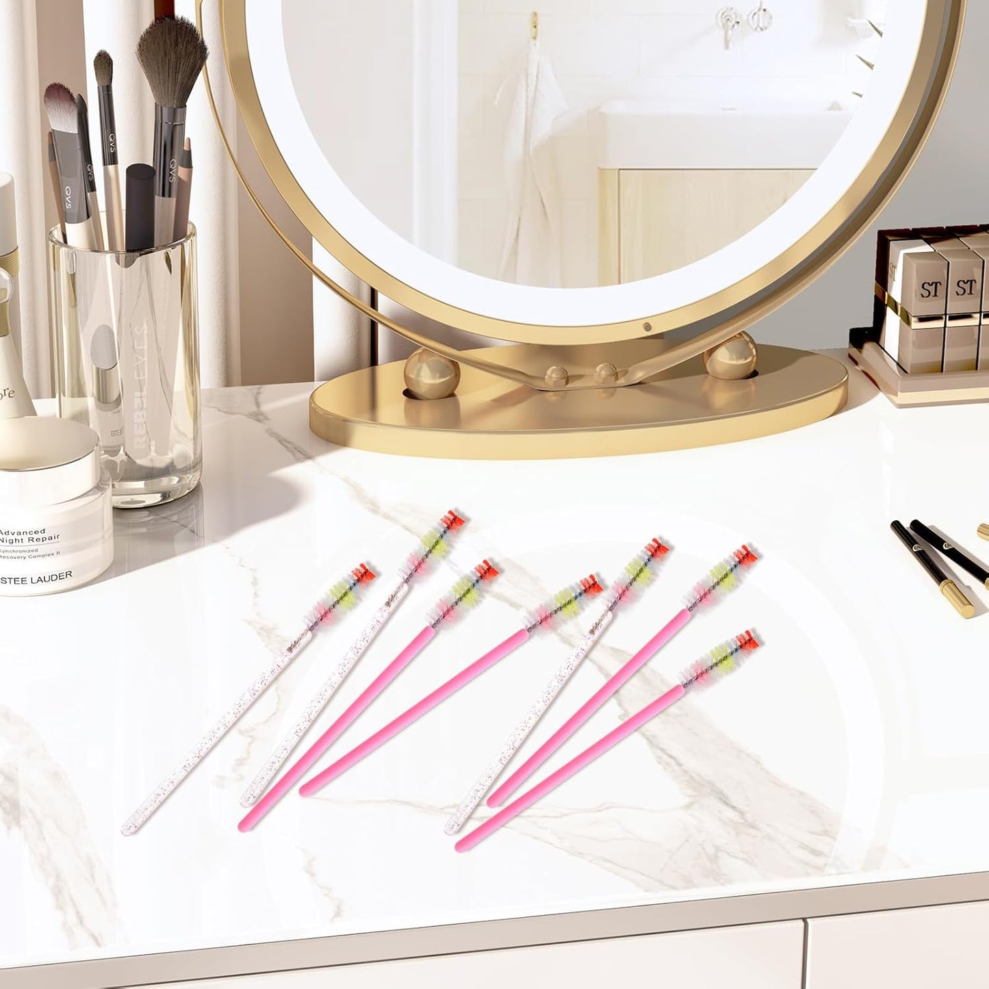 300PCS Disposable Mascara Wands Spoolie Brush Crystal Eyebrow Rainbow Brushes Eyelash Extension Applicator Makeup Kits(Pink)