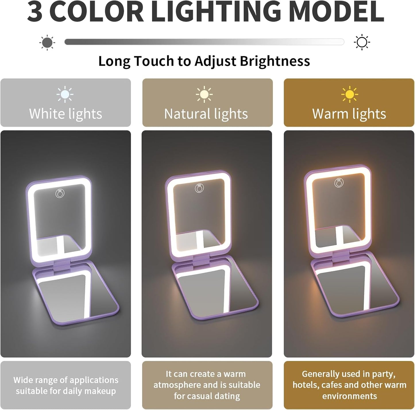 Kintion 2025 Pocket Mirror, Rechargeable Dimmable 3 Color Lighting 1X/3X LED Compact Travel Makeup Mirror for Purse, Portable, Folding, Handheld, Small Lighted Mirror for Women Gift, Purple