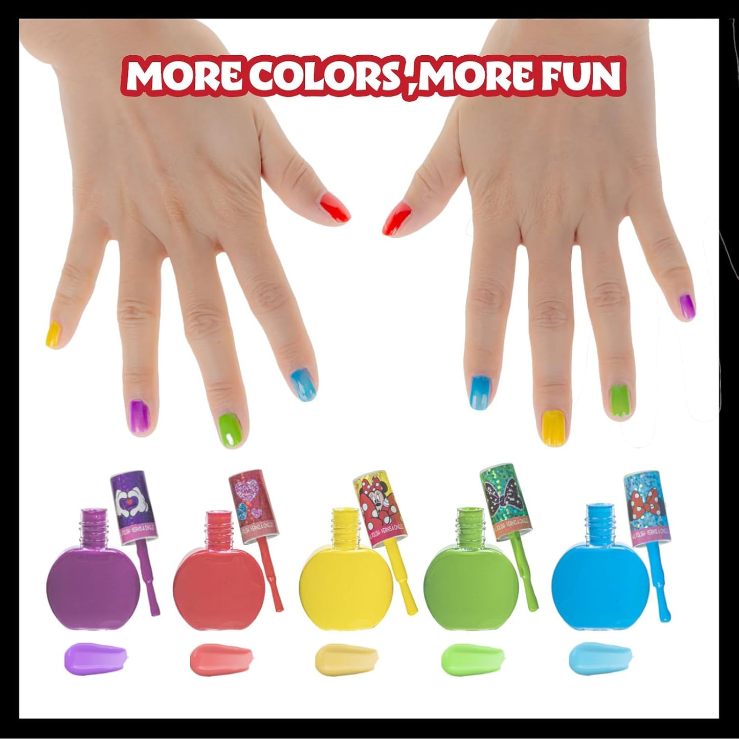 Townley Girl Disney Minnie Mouse 18 Piece Water-Based Nail Polish Set, Quick Dry and Peels-Off, Nail Paint Set for Girls, Perfect for Parties, Sleepovers and Makeovers, Ages 3