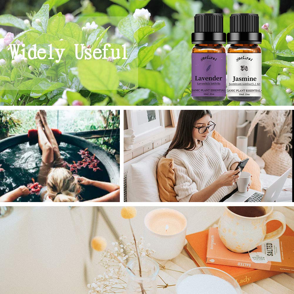 yethious Jasmine Lavender Essential Oil Set Organic Pure for Jasmine Essential Oil for Diffuser & Aromatherapy Lavender Oil Set
