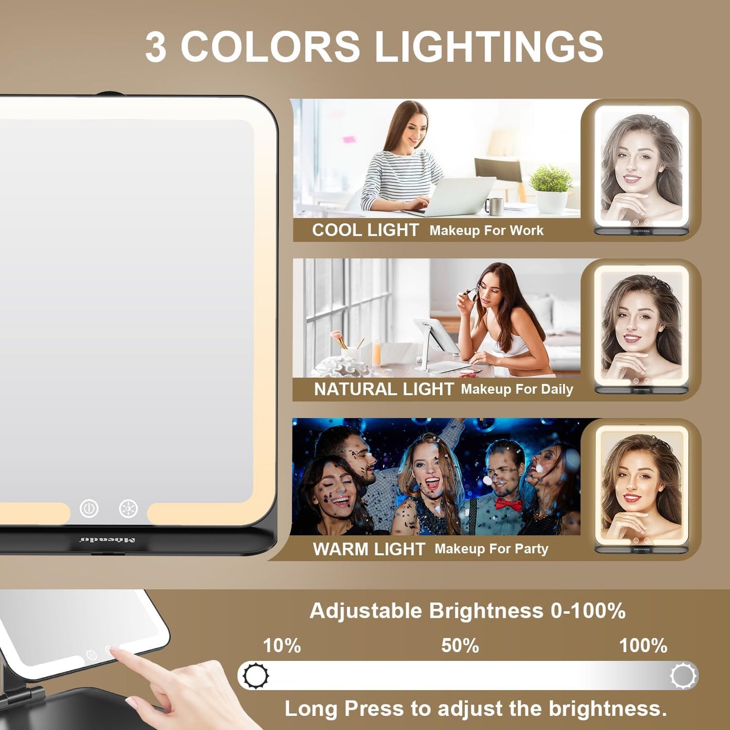 Mocado Travel Makeup Mirror with Light, Tripple Folding Vanity Mirror with Lights, 3 Colors Lighted Makeup Mirror, 1500mAh Rechargeable, Memory Function, Freely Adjust Height and Angle(Black)