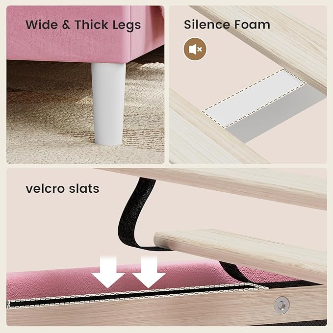 ADORNEVE Queen Bed Frame with LED Lights, Princess Velvet Upholstered Platform Bed for Girls, Headboard with Charging Station & Guardrail & Crystal Button, No Box Spring Needed, Pink