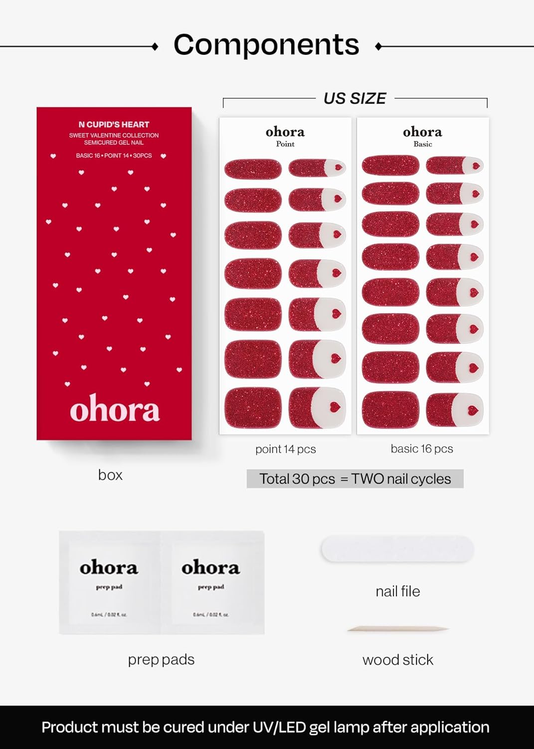 ohora Semi Cured Gel Nail Strips (N Cupid's Heart) - Red, Glitter, Works with Any UV/LED Lamps, Salon-Quality, Long Lasting, Easy to Apply & Remove - Includes 2 Prep Pads, Nail File & Wooden Stick