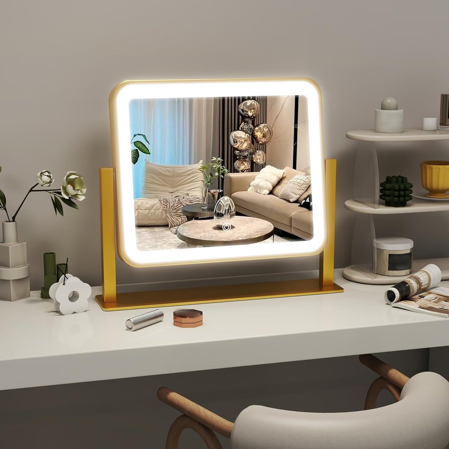 Gold Lighted Makeup Mirror, 14"x12" Vanity Mirror with Smart Touch Control, 3-Color Dimmable Lighting, 360° Rotation for Desk or Bedroom