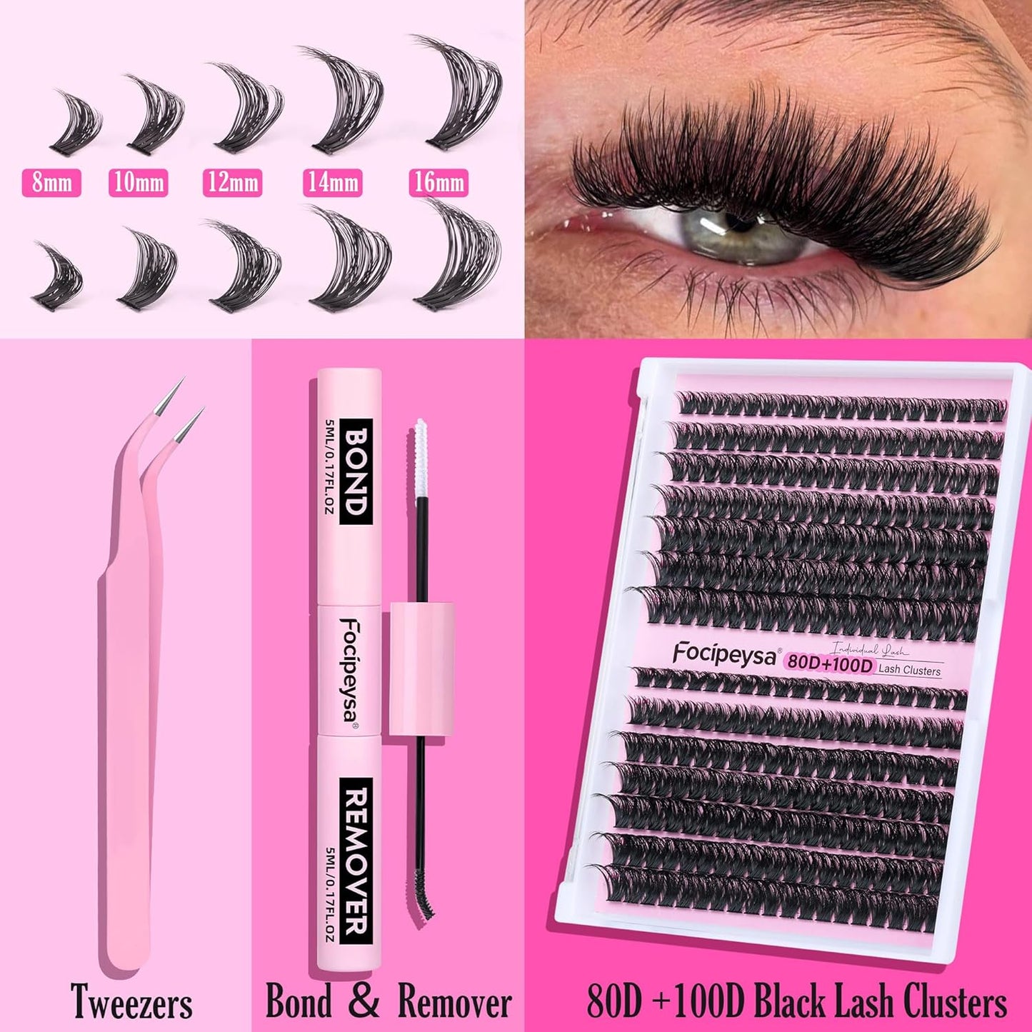 Focipeysa DIY Eyelash Extension Kit Lash Extension Kit D Curl Lash Clusters Kit Individual Eyelashes with Lash Bond and Lash Seal, Tweezers, DIY Lashes at Home (280Pcs 80D+100D 8-16mm)