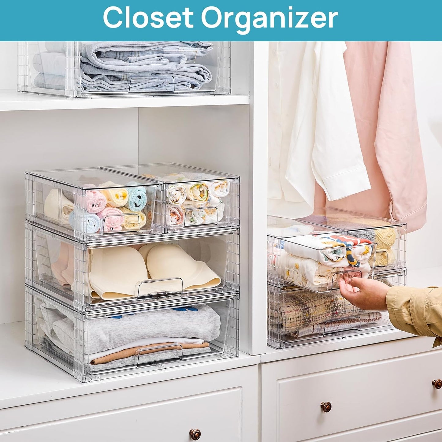 Vtopmart 3 Pack Stackable Storage Drawers, Easily Assemble Acrylic Bathroom Undersink Organizers,Clear Plastic Storage Bins for Closet,Cabinet,Pantry,Medicine Organization