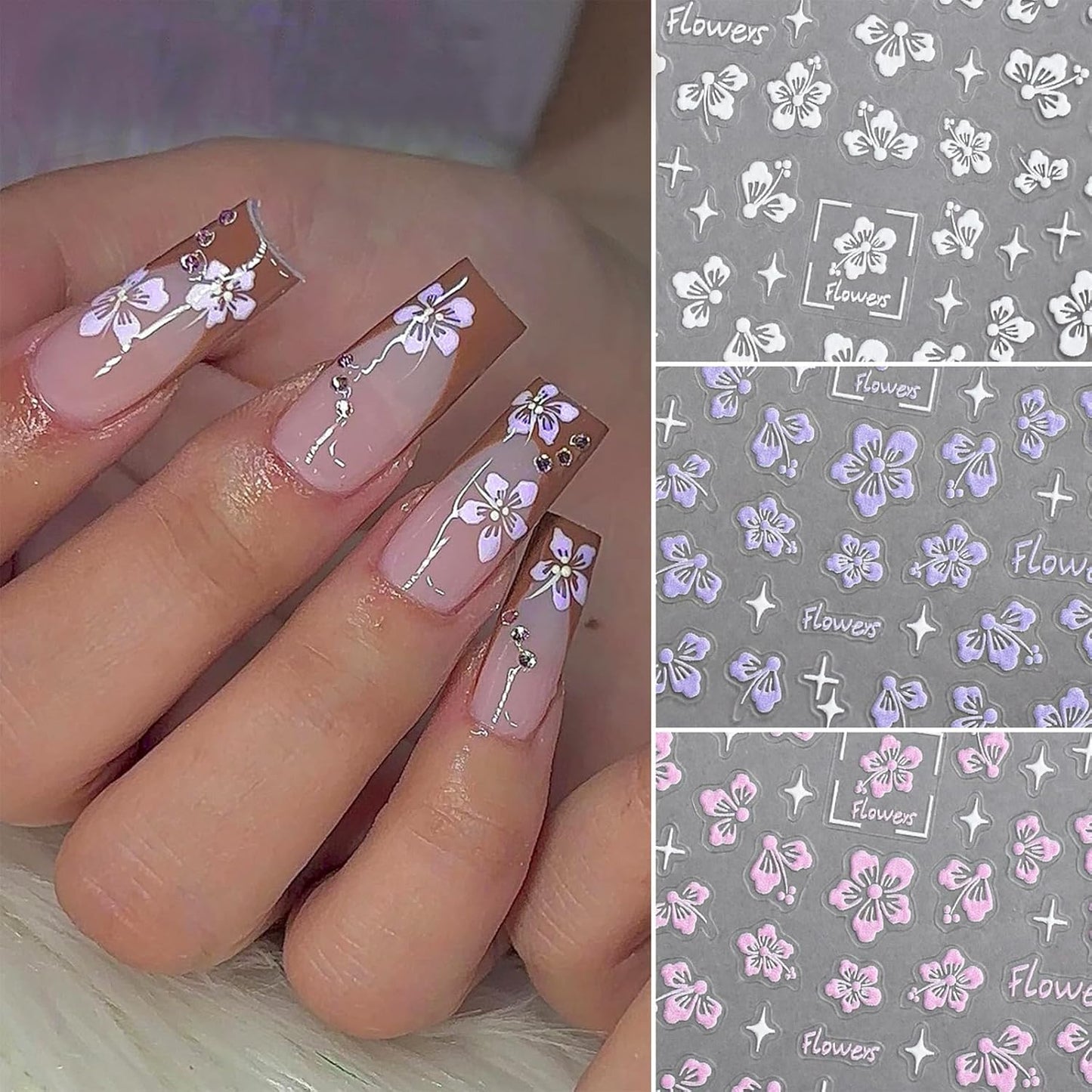 Flower Nail Stickers 5D Embossed Hollow Out Flower Nail Decals Pink Purple White Floral Designs Summer Cute Flowers Decals Pegatinas Uñas for Women DIY Manicure Decoration Accessories 3Sheets