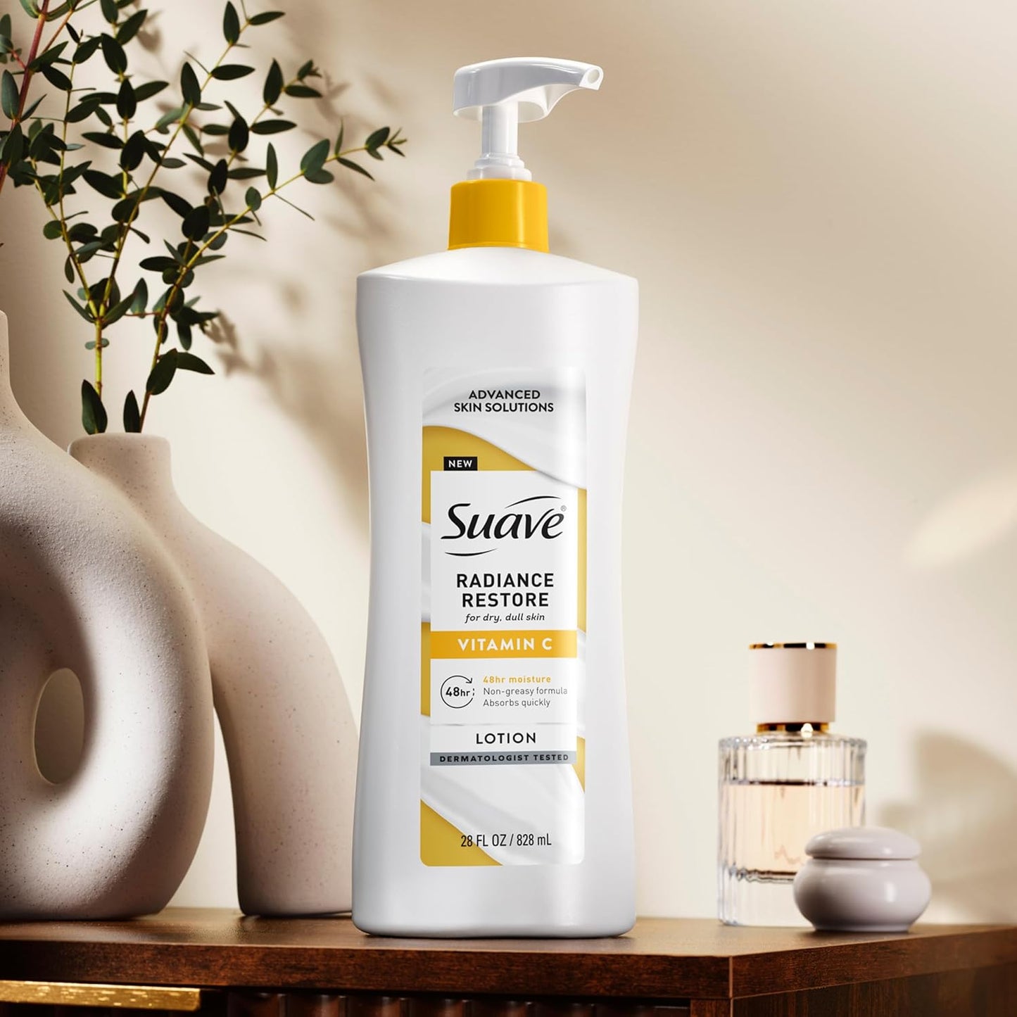 Suave Radiance Restore Hand & Body Lotion For Women With Vitamin C, Brighten & Hydrate Dry, Dull Skin, Non Greasy, Moisturizing Cream Evens Skin Tone, Allergen Free, 28 FL OZ Pump, 4 Pack