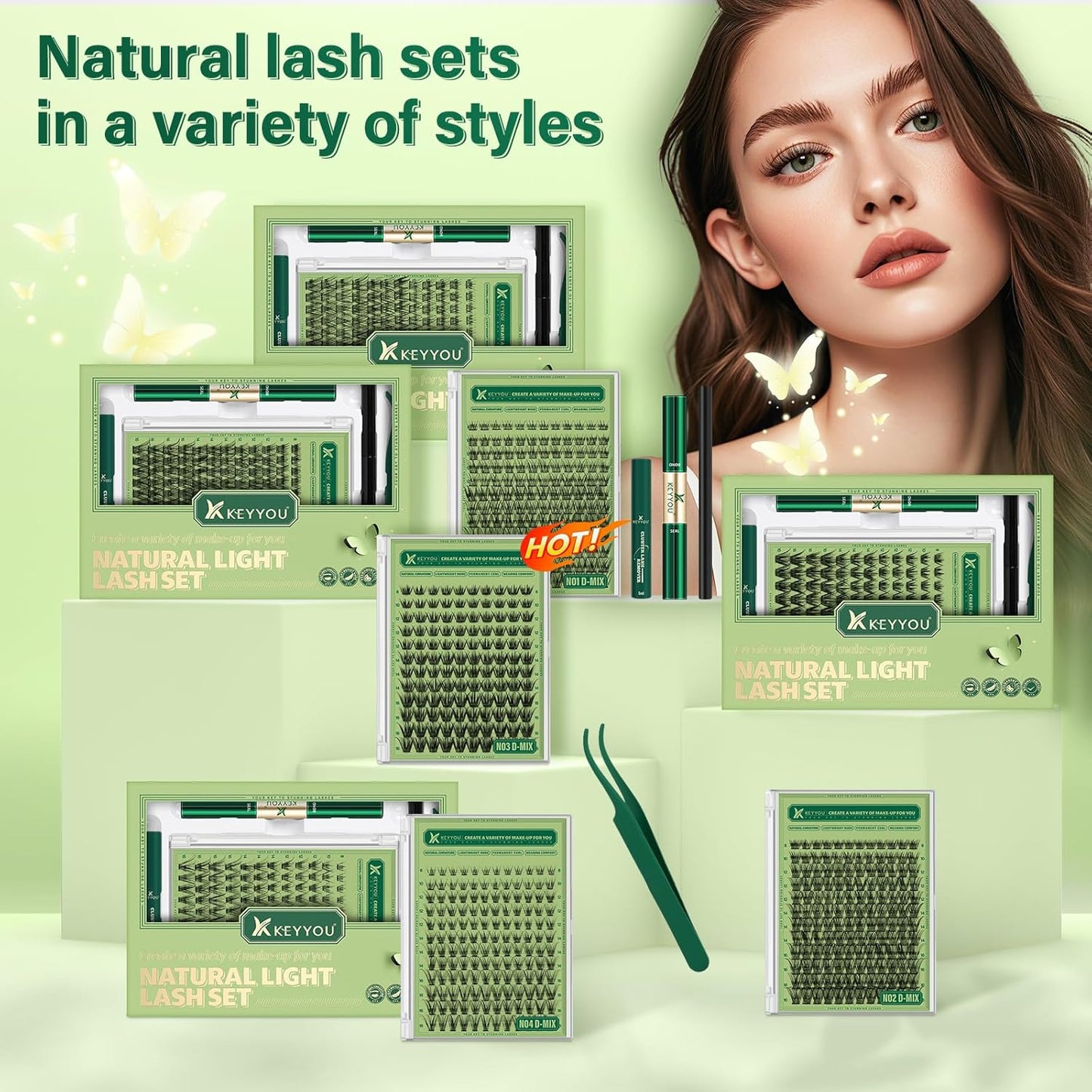 Natural Lash Clusters Kit 144Pcs DIY Lash Extension Kit Wispy Eyelash Extensions Kit D Curl 8-18MIX with Bond and Seal and tweezers with Thin Lash Band by KEYYOU(KIT-N04-D-8-18MIX)