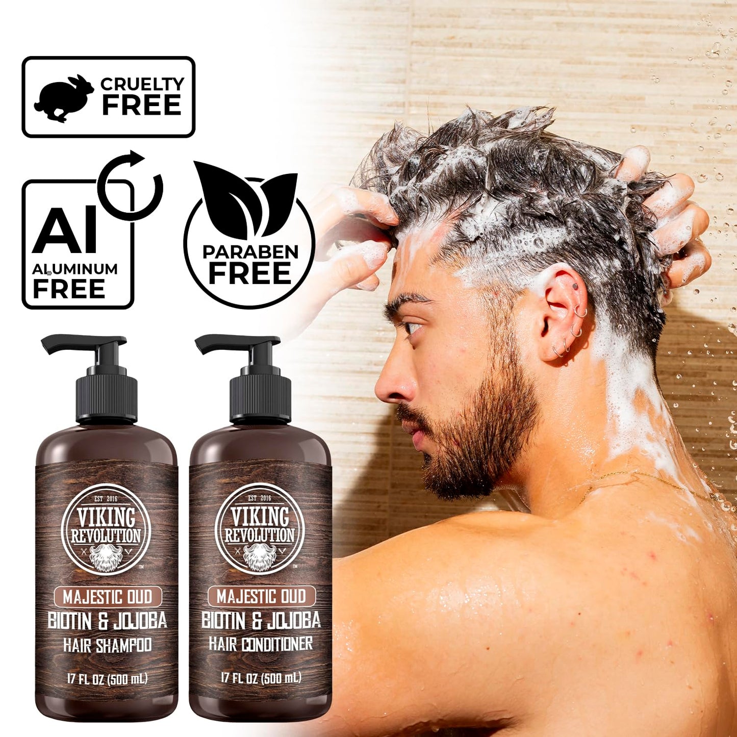 Viking Revolution Majestic Oud Mens Shampoo and Conditioner Set with Biotin and Jojoba Oil - Natural Hair Shampoo and Hair Conditioner for Men with Vitamin B5 - Mens Shampoo for Thinning Hair (17Oz)