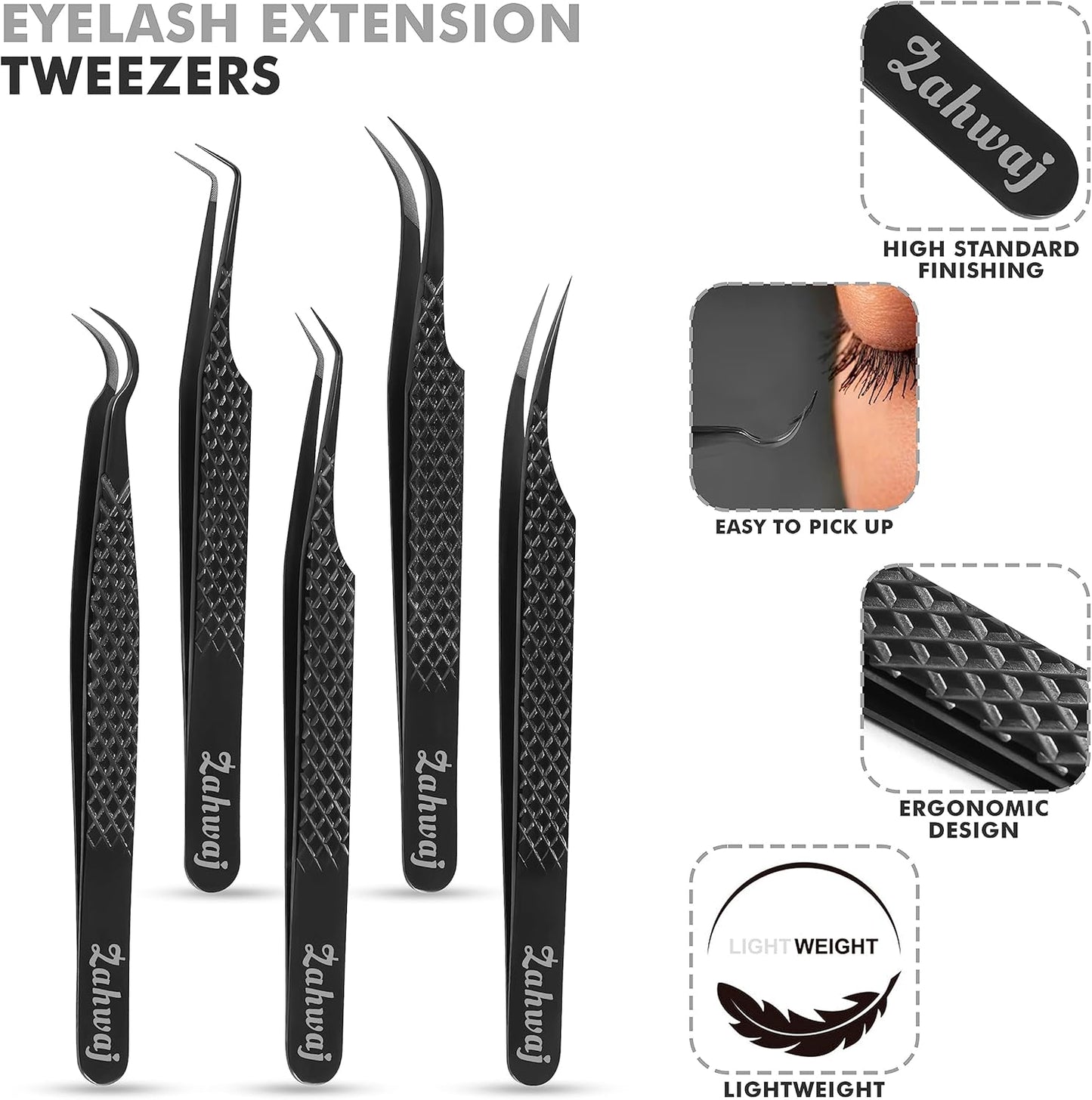 Lash Tweezers - Set of 5 Diamond Grip Eyelash Tweezers - Stainless Steel Professional Fiber Tip Lash Tweezer for Eyelash Extensions (Black)