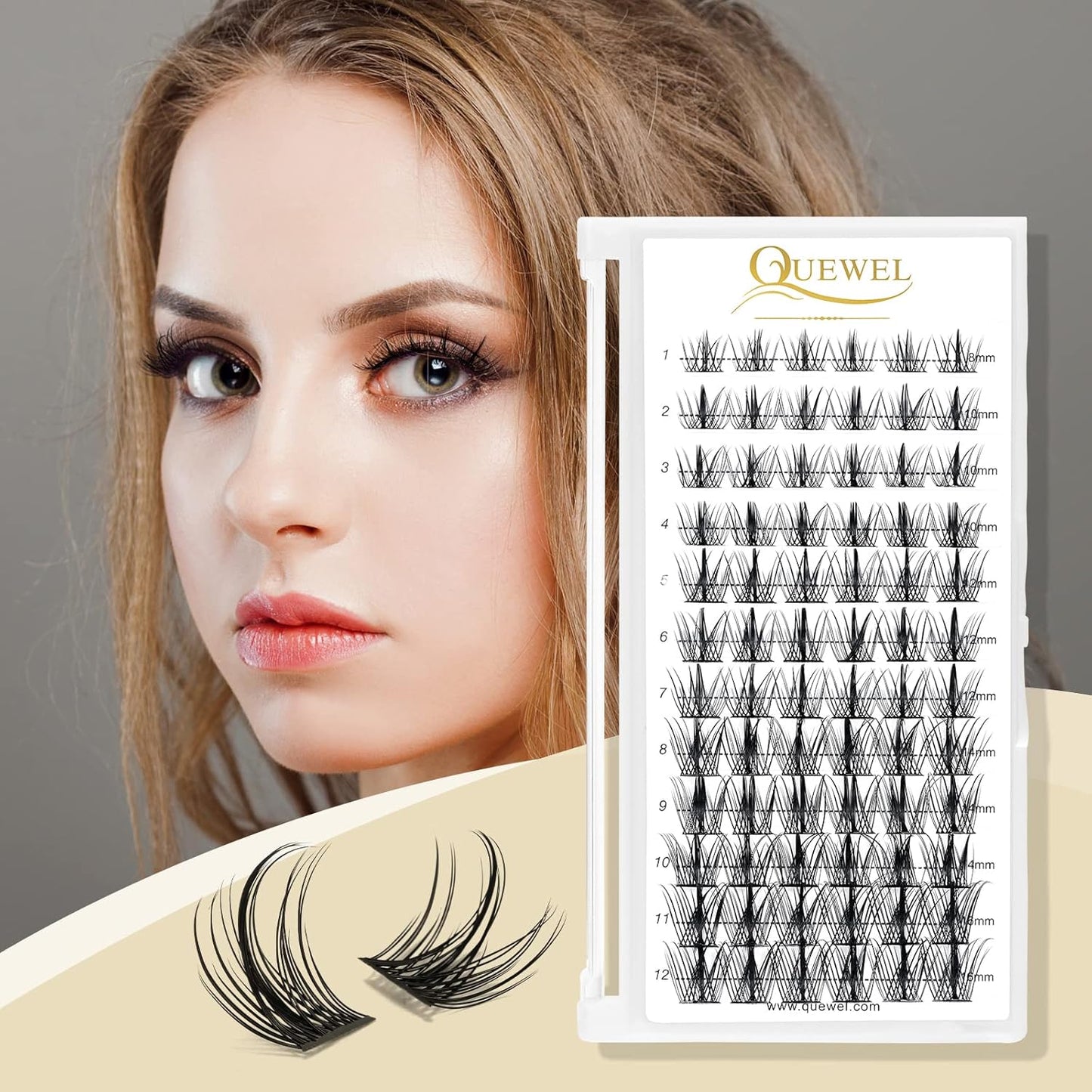 QUEWEL Cluster Lashes 72 Pcs Wide Stem Individual Lashes C/D Curl 8-16mm Length DIY Eyelash Extension False Eyelashes Sparkle Styles Soft for Personal Makeup Use at Home (Sparkle-D-MIX8-16)