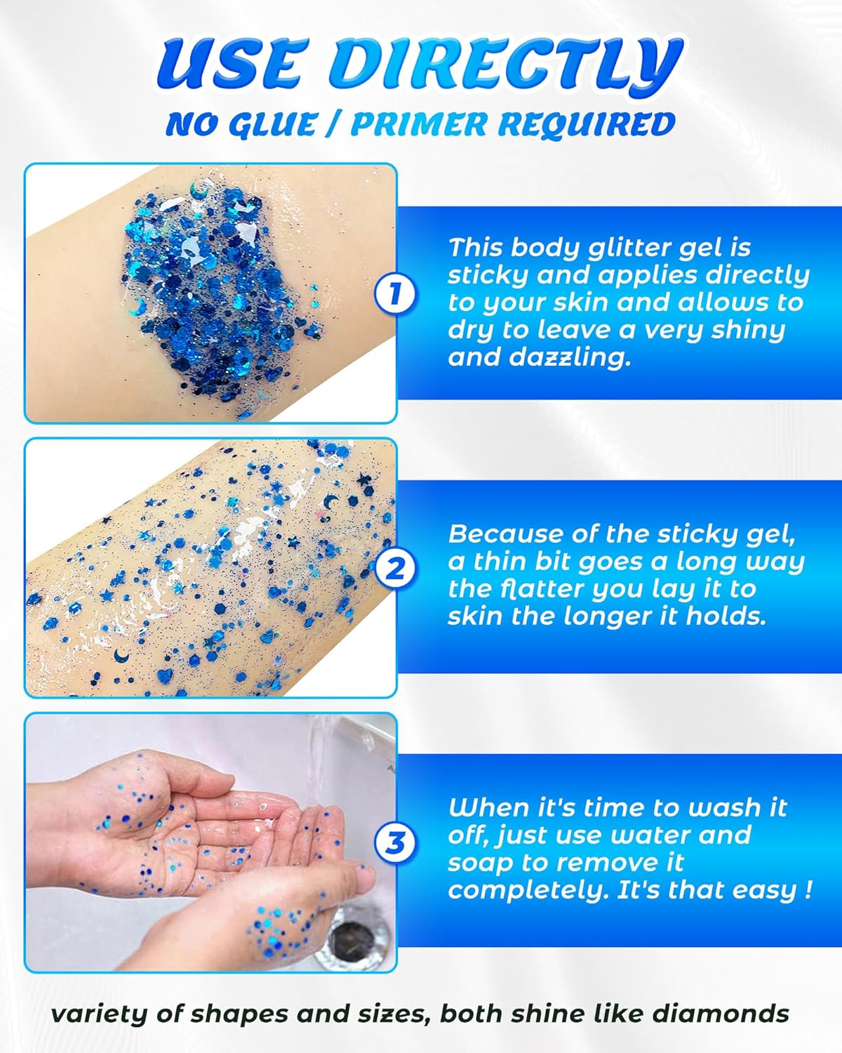 6PCS Blue Face Body Glitter Gel,Holographic Chunky Sequins Body Glitter Paint for Party Singer Concerts Music Festival Rave Accessories for Girls Women Face Body DIY Sparkling Makeup