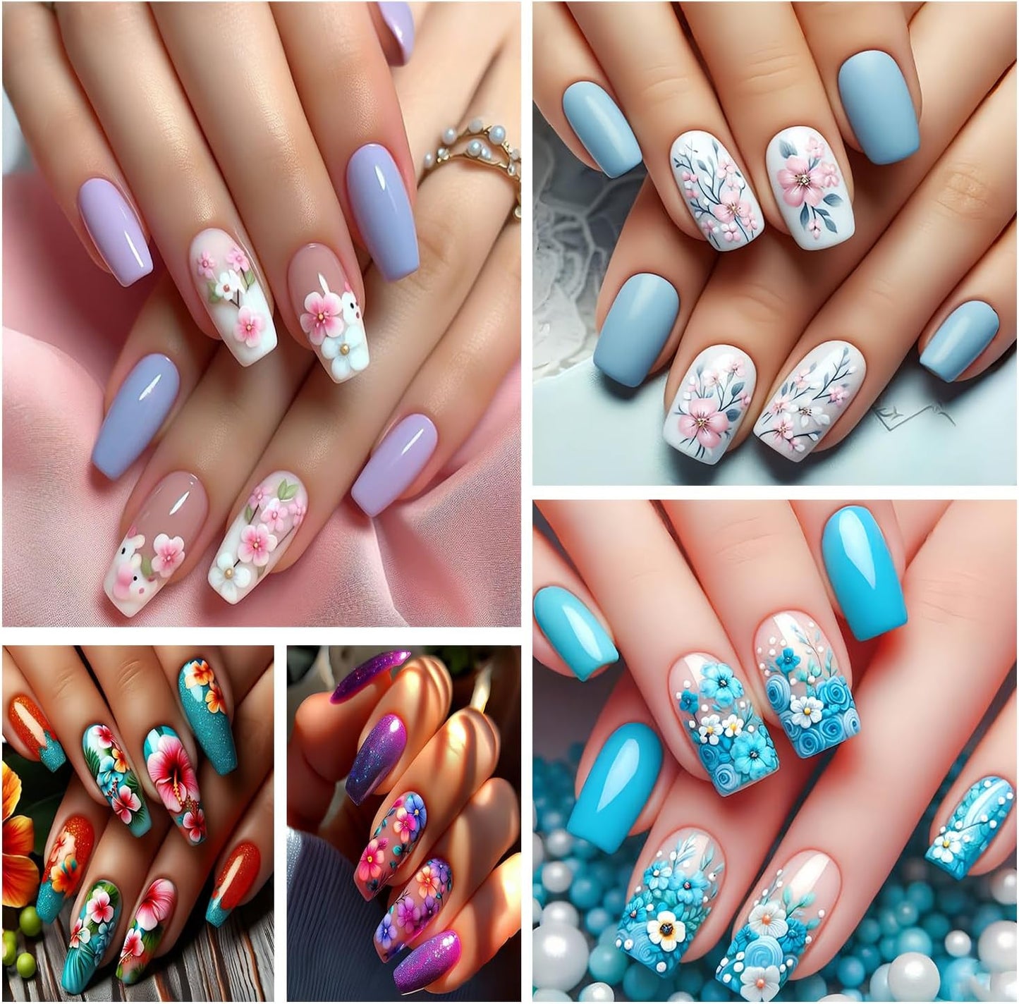 6 Sheets Flower Nail Art Stickers 3D Self-Adhesive Spring Summer Nail Sticker Butterfly Nails Art Decals Holographic Floral Nails Decal Decoration for Women Blossom Manicure DIY Nail Supplies