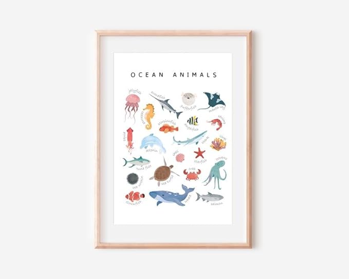 OZCONO Ocean Animals Learning Poster, Vibrant Sea Life Chart Kids, Preschool Wall Decor Art, Homeschool Education Guide (Unframed) (24x36)