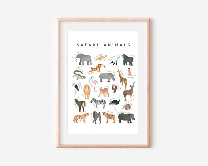 OZCONO Safari Animals Poster, Educational Jungle Chart for Kids, Playful Nursery Wall Decor, Montessori Learning, Homeschool Wildlife (Unframed) (20x30)