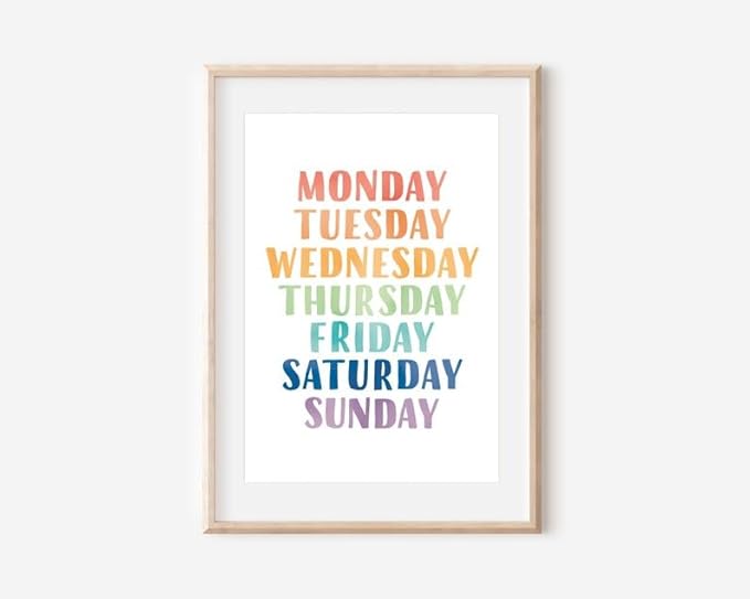 OZCONO Rainbow Days Week Poster, Colorful Learning Chart Kids, Preschool Wall Decor Art, Homeschool Education Guide (Unframed) (11x14)