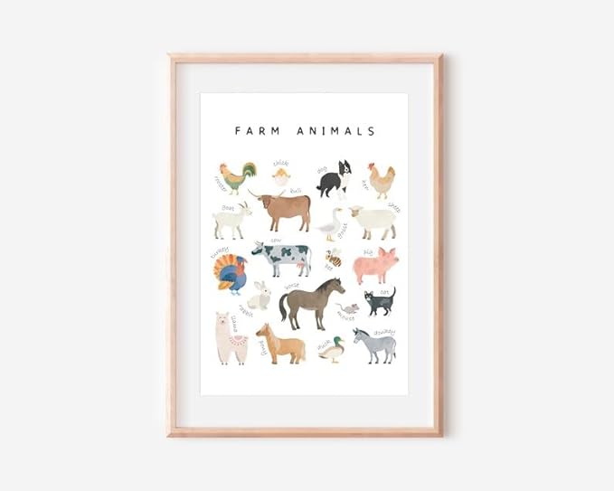 OZCONO Farm Animals Learning Poster, Vibrant Rural Wildlife Chart Kids, Playroom Wall Decor Art, Homeschool Education Guide (Unframed) (16x24)