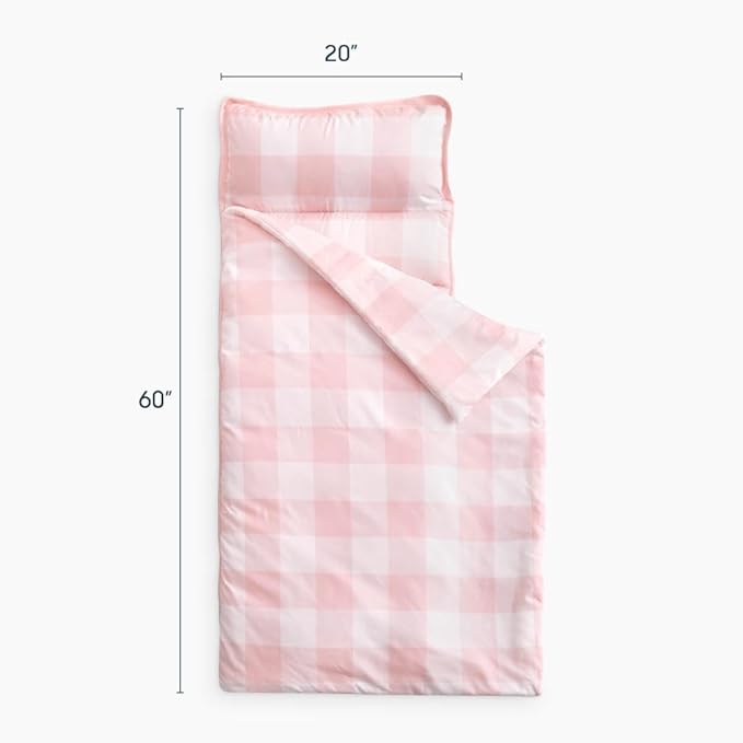 Wake In Cloud - Toddler Nap Mat with Pillow and Blanket, for Kids Boys Girls Ages 3 Plus in Kindergarten Daycare Preschool, Roll Up Sleeping Bag, Gingham Plaid Grid