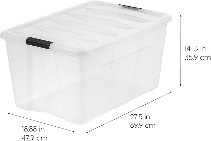 IRIS USA 94 Qt Stackable Plastic Storage Bins with Lids, 4 Pack - BPA-Free, Made in USA - See-Through Organizing Solution, Latches, Durable Nestable Containers, Secure Pull Handle - Clear