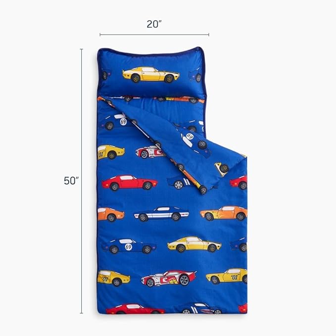 Wake In Cloud - Toddler Nap Mat with Pillow and Blanket, for Kids Boys Ages 3 Plus in Kindergarten Daycare Preschool, Roll Up Sleeping Bag, Race Cars Vehicles