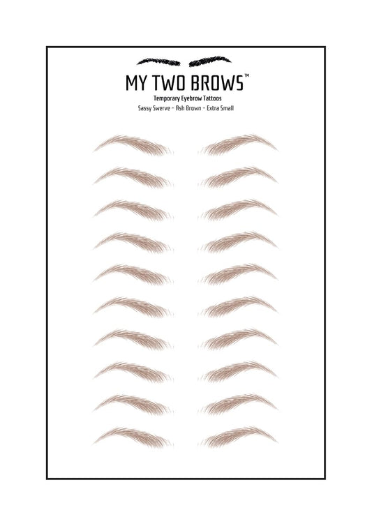 (10 pairs) Ash Brown Temporary Eyebrow Tattoo - Extra Small Size - Waterproof & Smudgeproof - Sassy Swerve Style Eyebrow Stickers - Sheet Lasts up to 30 Days - Won't Work on Existing Brows
