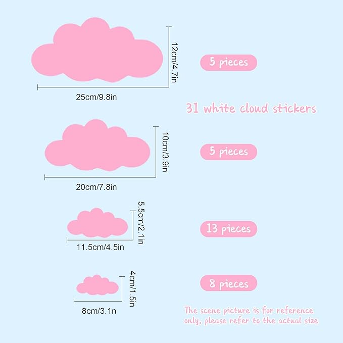 31PC Pink Cloud Wall Decals, Removable DIY Large Vinyl Sticker Self Adhesive Wallpaper for Living Room Nursery Children Baby Kids Boys Girls Bedroom Decor Home Art Mural Dec