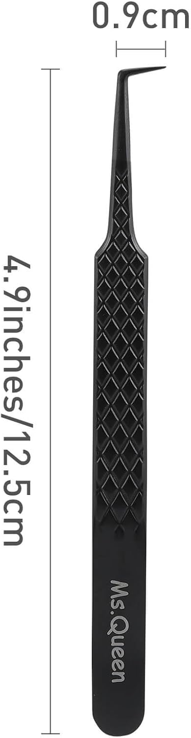Ms.Queen Lash Tweezers for Eyelash Extensions, Diamond Grip 90 Degree Fiber Tip Volume Lash Extension Tweezers,Black