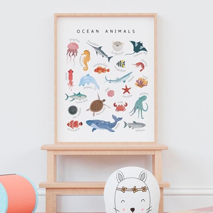 OZCONO Ocean Animals Learning Poster, Vibrant Sea Life Chart Kids, Preschool Wall Decor Art, Homeschool Education Guide (Unframed) (24x36)