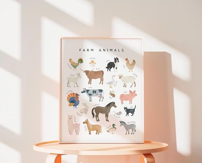 OZCONO Farm Animals Learning Poster, Vibrant Rural Wildlife Chart Kids, Playroom Wall Decor Art, Homeschool Education Guide (Unframed) (20x30)