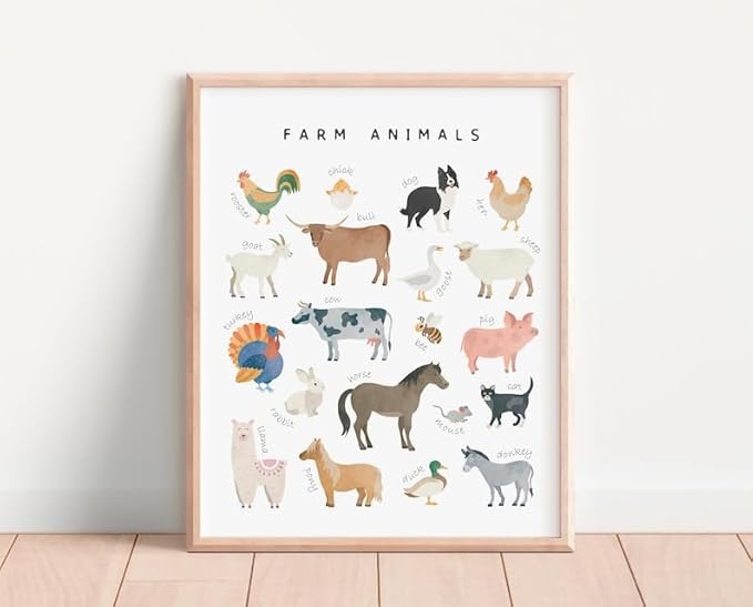 OZCONO Farm Animals Learning Poster, Vibrant Rural Wildlife Chart Kids, Playroom Wall Decor Art, Homeschool Education Guide (Unframed) (16x24)