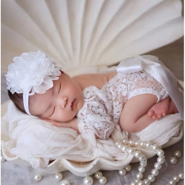 Newborn Girl Photography Outfits, Backless Lace Romper with Flower Headband Photo Props, Baby Girl Photoshoot Outfits