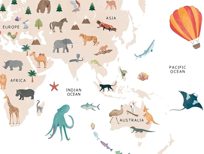 OZCONO Animal World Map Poster, Kids Educational Geography Decor, Safari Animals Nursery Art, Montessori Learning Wall Print (Unframed) (9x11)