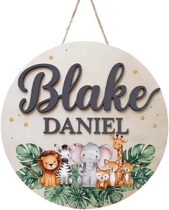 Personalized Name Sign for Nursery, Woodland Animals Sign for Baby Door Decor, Newborn Gifts for Boy, Boys Nursery Wall Bedroom Decorations, Mother's Day Gifts for New Mom Dad Gift
