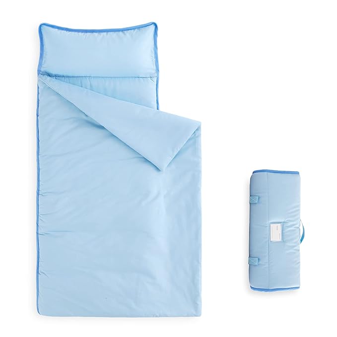 Wake In Cloud - Toddler Nap Mat with Pillow and Blanket, for Kids Boys Girls in Kindergarten Daycare Preschool Pre K, Roll Up Sleeping Bag, Solid Color, Light Blue, Standard
