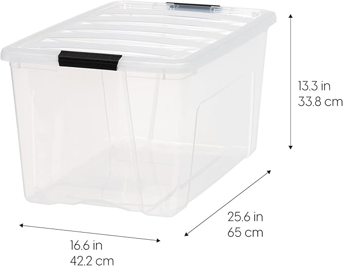 IRIS USA 68 L (72 QT) Plastic Storage Box with Lid and Latches - 4 Pack - BPA-Free, See-Through Organizing Solution, Durable Nestable Stackable Containers, Secure Pull Handle - Clear
